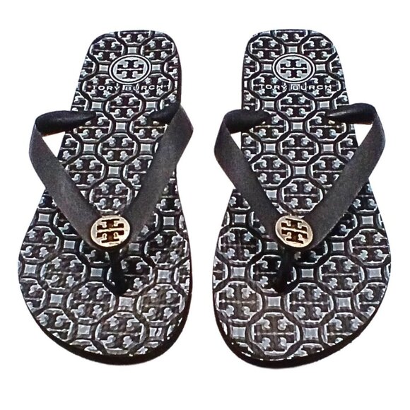 Tory Burch Shoes - Tory Burch Flip Flops Womens 8 Black Gold Rubber Sandal Logo Vacation Resort